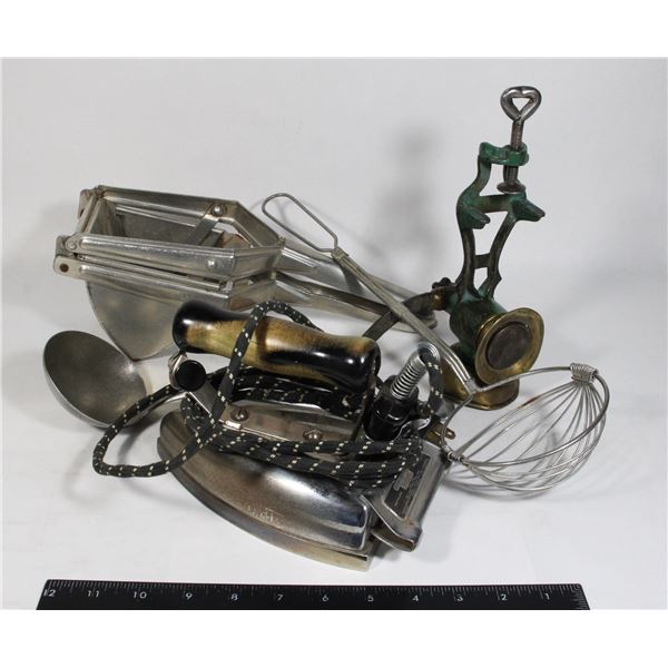 ANTIQUE KITCHEN ITEMS AND CLOTHING IRON
