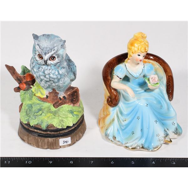 PAIR OF CERAMIC FIGURES - WOMAN WITH FLOWER / OWL
