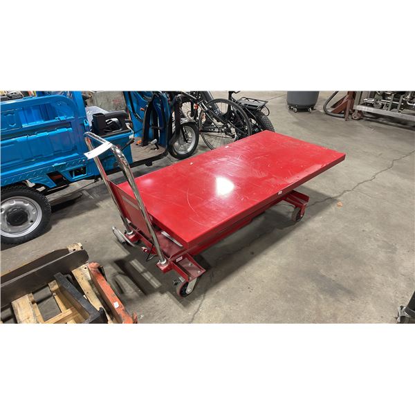 U-LINE H-6754 RED MOBILE INDUSTRIAL HYDRAULIC LIFTING TABLE 63"L X 32"W BED