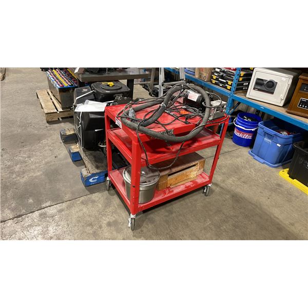 CENTURY AC 1/3 HP MOTOR WITH HEAT HOSE AND 3 TIER RED MOBILE CART WITH CONTENTS
