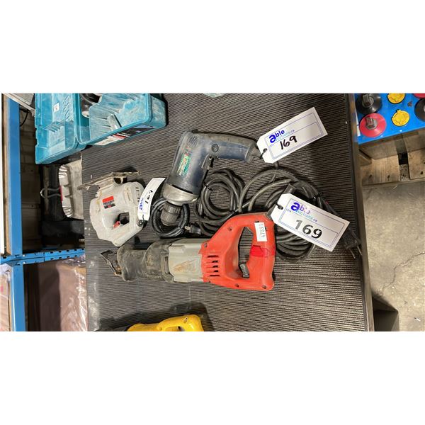 ASSORTED ELECTRIC TOOLS; MILWAUKEE SAWZALL, MASTERCRAFT DRILL AND SKILL JIGSAW