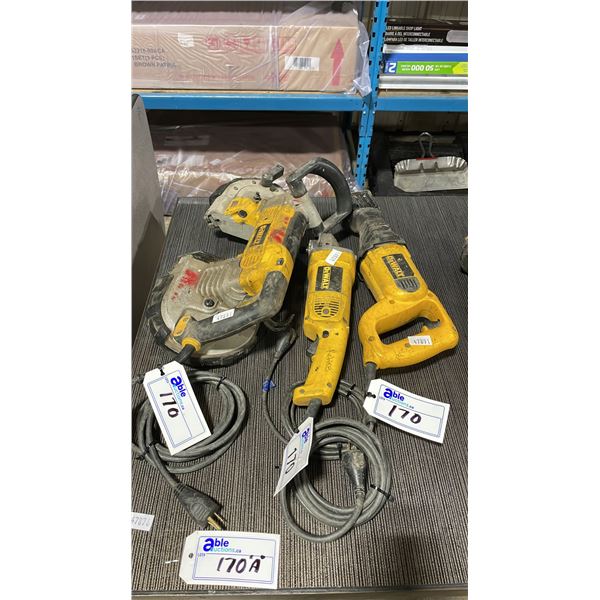 ASSORTED DEWALT ELECTRIC TOOLS INCLUDING SAWZALL, ANGLE GRINDER AND VARIABLE SPEED BAND SAW
