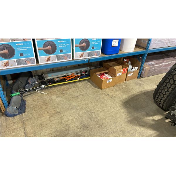 SHELF LOT OF ITEMS INCLUDING INDUSTRIAL CHEMICALS, BROOMS, MOPS AND PACKAGING