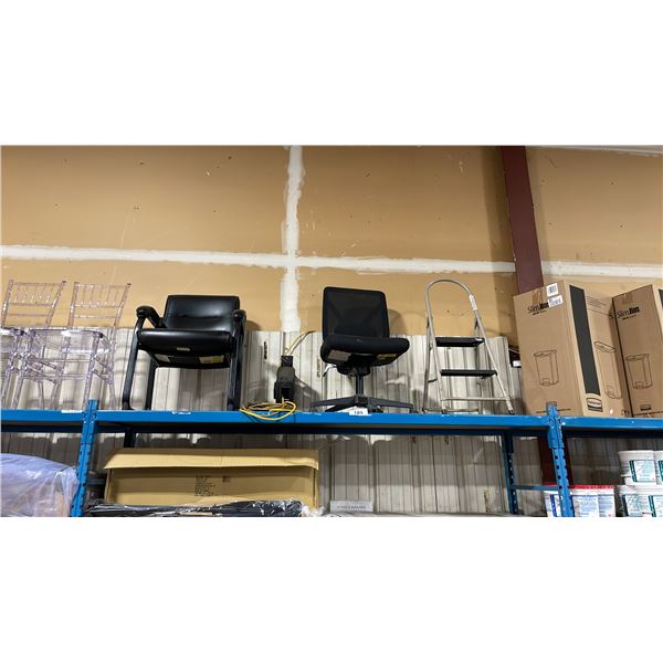 SHELF LOT OF 2 CHAIRS AND STEP LADDER