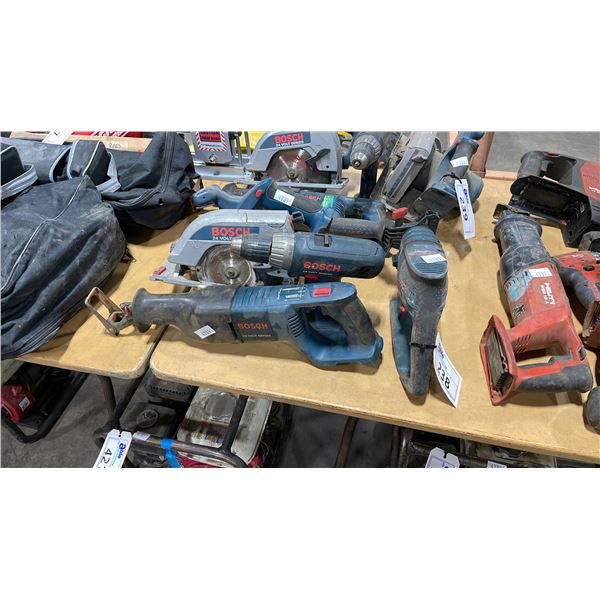 4 ASSORTED BOSCH CORDLESS TOOLS INCLUDING  HAMMER DRILL, SAWZALL, DRILL AND CIRCULAR SAW