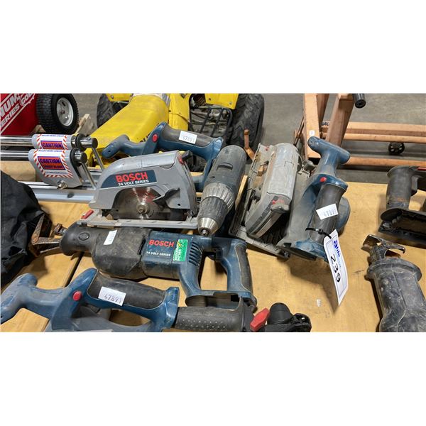 4 ASSORTED BOSCH CORDLESS TOOLS INCLUDING DRILL, SAWZALL AND TWO CIRCULAR SAWS