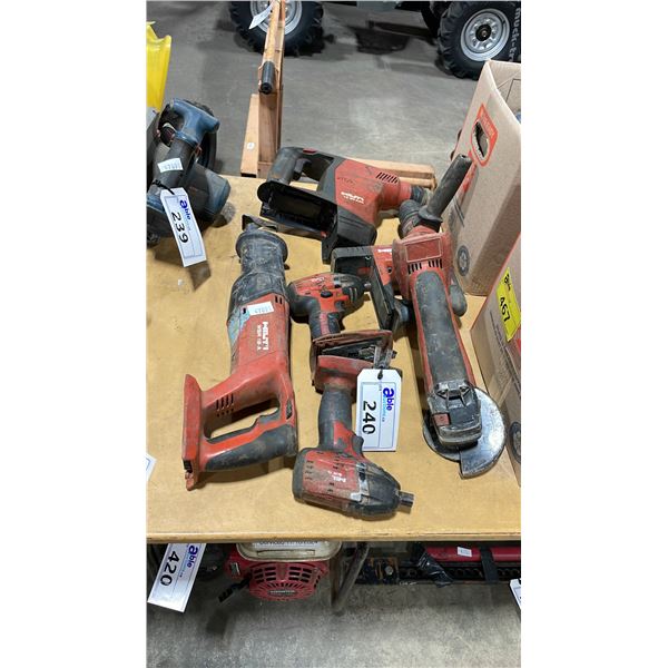 6 ASSORTED HILTI CORDLESS TOOLS INCLUDING 2 DRILLS, 2 HAMMER DRILLS, SAWZALL, AND GRINDER