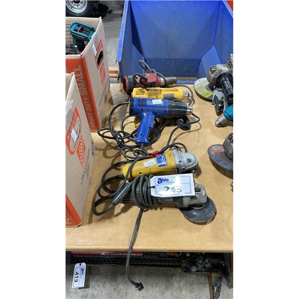 5 ASSORTED ELECTRIC TOOLS; MILWAUKEE AND POWER FIST GRINDERS AND 3 HEAT GUNS