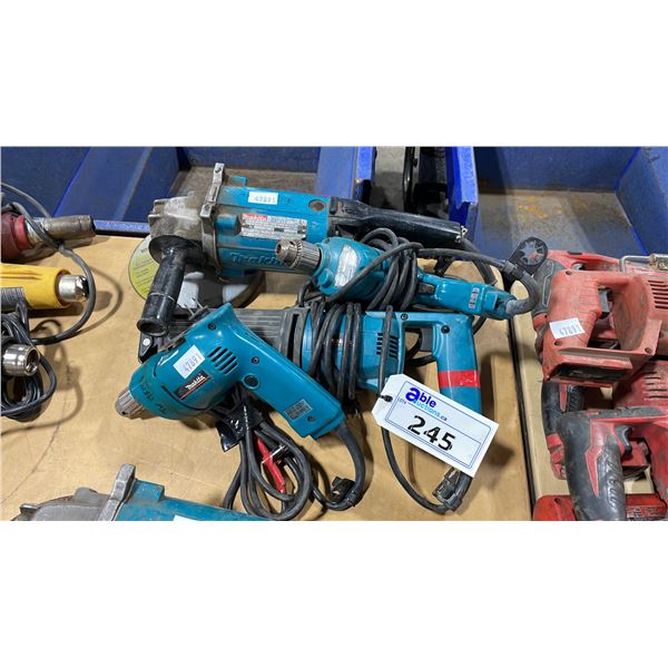 4 ASSORTED MAKITA ELECTRIC TOOLS INCLUDING  SAWZALL, GRINDER, AND 2 DRILLS