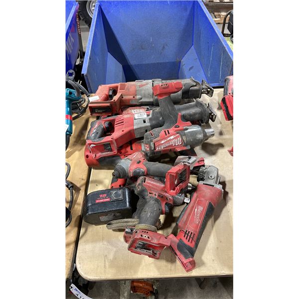 11 ASSORTED MILWAUKEE CORDLESS TOOLS INCLUDING  4 SAWZALLS, IMPACT WRENCH, GRINDER AND 5 DRILLS