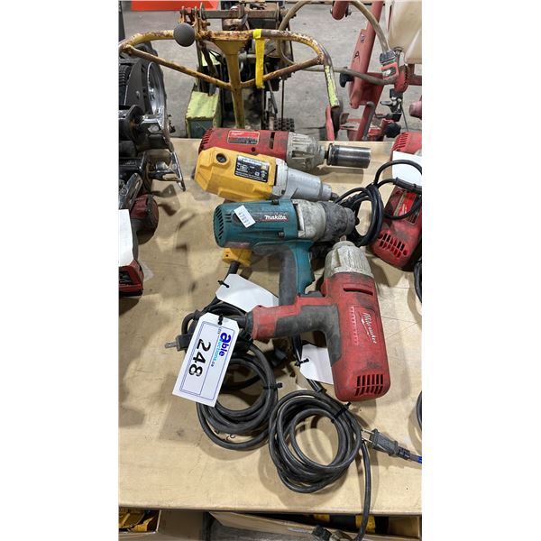 4 ASSORTED ELECTRIC IMPACT WRENCHES INCLUDING  MILWAUKEE, POWER FIST AND MAKITA