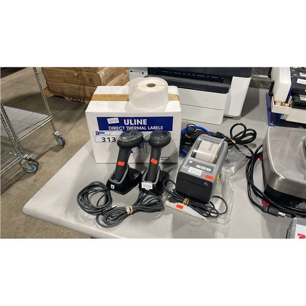 TWO ZEBRA DS22 SCANNERS, ZD410 THERMAL PRINTER AND BOX OF ULINE LABELS