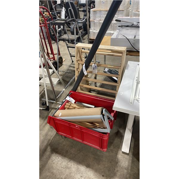 RED MOBILE CART WITH CONTENTS ,WOODEN RACK AND GREY PVC PIPE