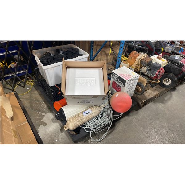 PALLET OF ASSORTED FISHING BUOYS, ROPE, COOLER, GAS CANISTER AND CRAB TRAP