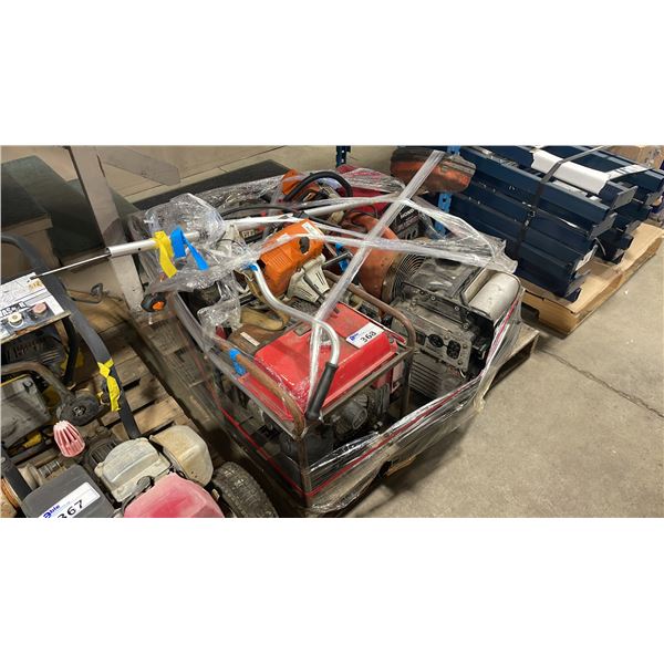 PALLET OF ASSORTED TOOLS INCLUDING; HONDA GENERATORS/PUMPS, STIHL CHAIN, WEED WHACKER AND MORE