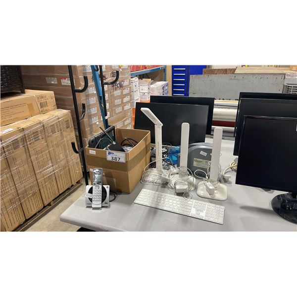 2 MONITORS, APPLE KEYBOARD, CX30 DIGITAL CHECK SCANNER, 3 TABLETOP LIGHTS, VTECH PHONE AND MORE