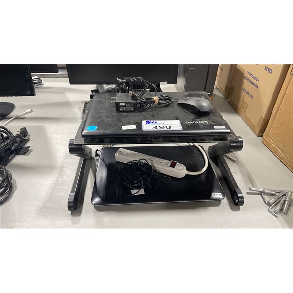 2 LAPTOPS AND STAND; LENOVO WITH POWER CORD AND MOUSE AND ASUS WITH POWER CORD AND POWER BAR