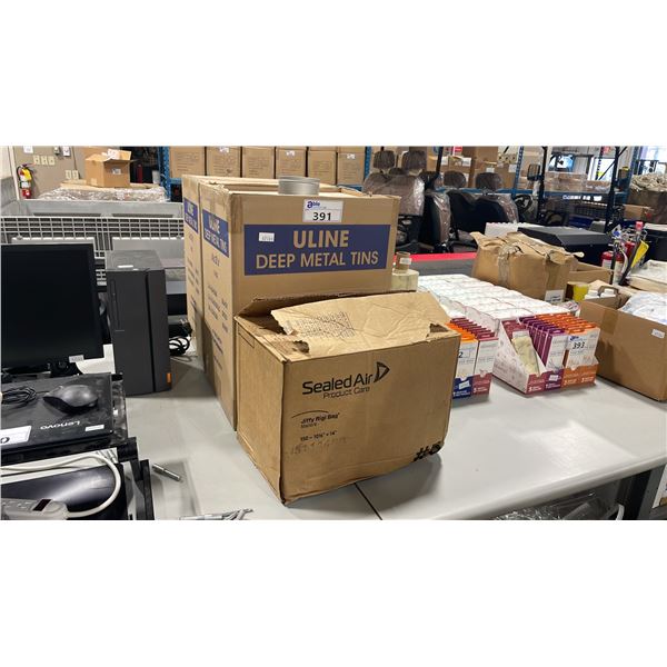 2 BOXES OF ULINE DEEP METAL TINS AND 1 BOX OF JIFFY RIGI BAG MAILERS