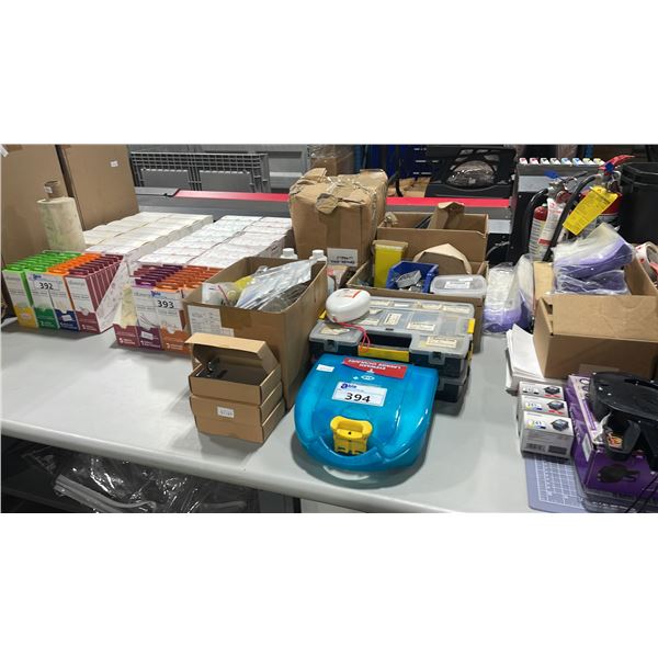 ASSORTED BOXES OF HARDWARE, CHEMICALS, EYEWASH STATION AND METAL TABLET STANDS