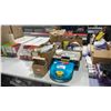 Image 1 : ASSORTED BOXES OF HARDWARE, CHEMICALS, EYEWASH STATION AND METAL TABLET STANDS