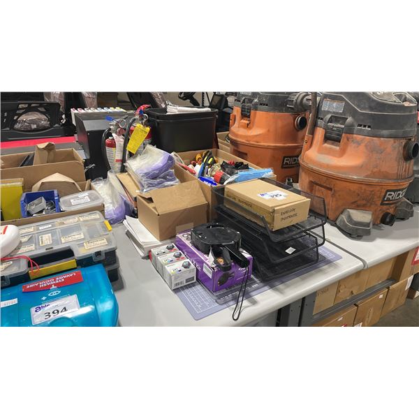 ASSORTED OFFICE SUPPLIES, CUTTING MATS, LABEL GUN, TRASH CANS AND FIRE EXTINGUISHERS