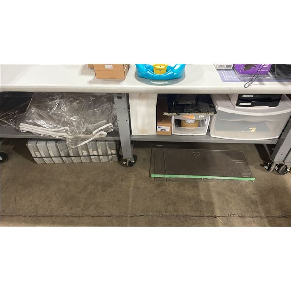 ASSORTED OFFICE SUPPLIES, SORTING BINS, PLASTIC COVERS, CASE OF CRAFT PAPER TAPE, LEXAN DIVIDERS, &