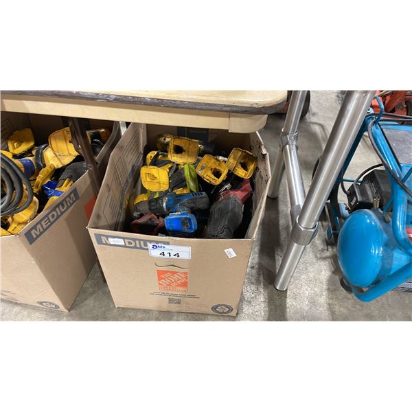BOX OF ASSORTED CORDLESS POWER TOOLS INCLUDING DRILLS, IMPACT WRENCHES, AND SAWZALL