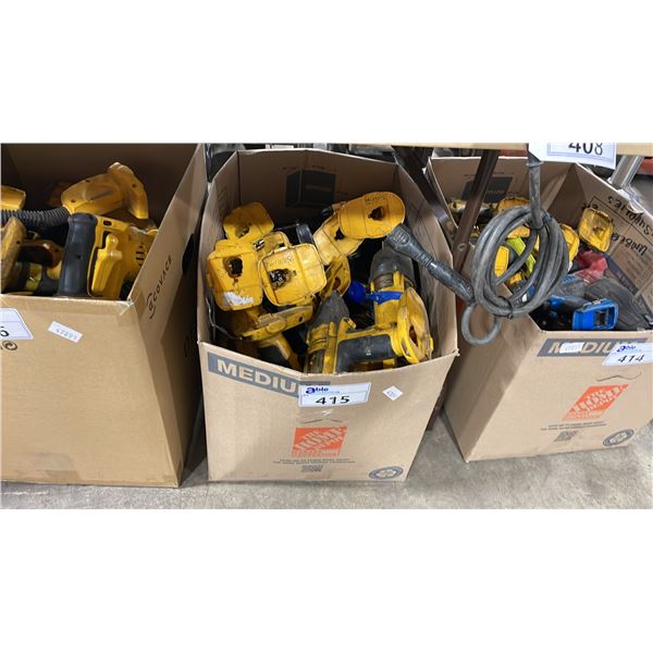 BOX OF DEWALT CORDLESS POWER TOOLS INCLUDING DRILLS, IMPACT WRENCHES, GRINDER AND SAWZALL