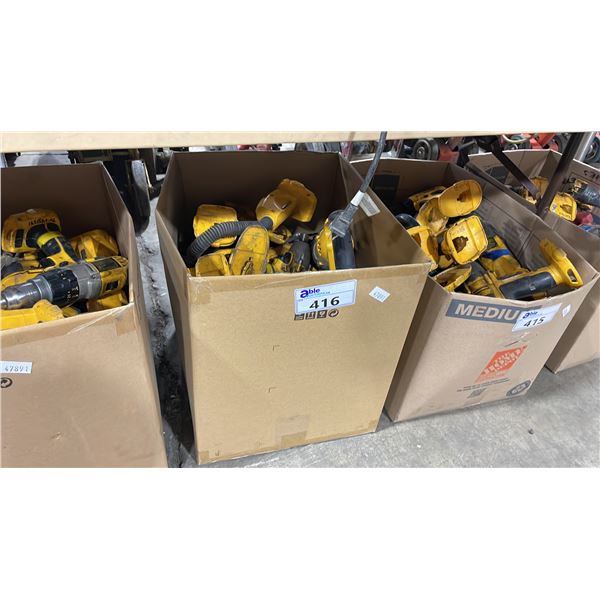 BOX OF DEWALT CORDLESS POWER TOOLS INCLUDING DRILLS, IMPACT WRENCHES, GRINDERS AND SAWZALLS