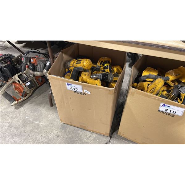 BOX OF DEWALT CORDLESS POWER TOOLS INCLUDING DRILLS, IMPACT WRENCHES, GRINDER AND SAWZALL