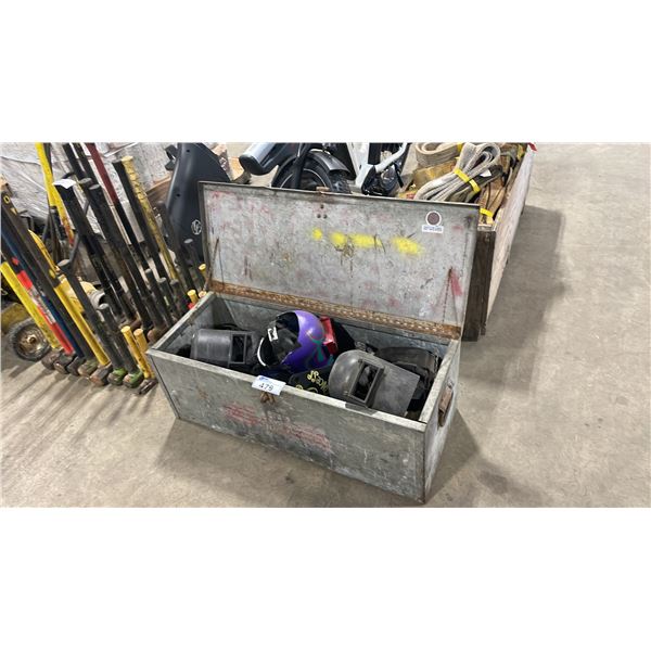 METAL INDUSTRIAL LOCKING BIN OF ASSORTED WELDING HELMETS *METAL BIN INCLUDED*