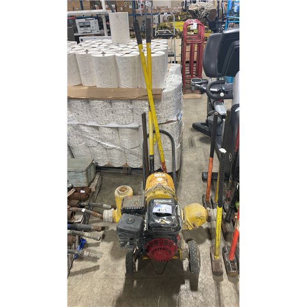 YELLOW GAS POWERED INDUSTRIAL MOBILE TRASH PUMP & ASSORTED LARGE TOOLS