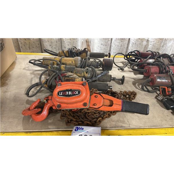 4 DEWALT HEAVY DUTY ELECTRIC INDUSTRIAL SCROLL TOOLS & ORANGE INDUSTRIAL CHAIN PULLER