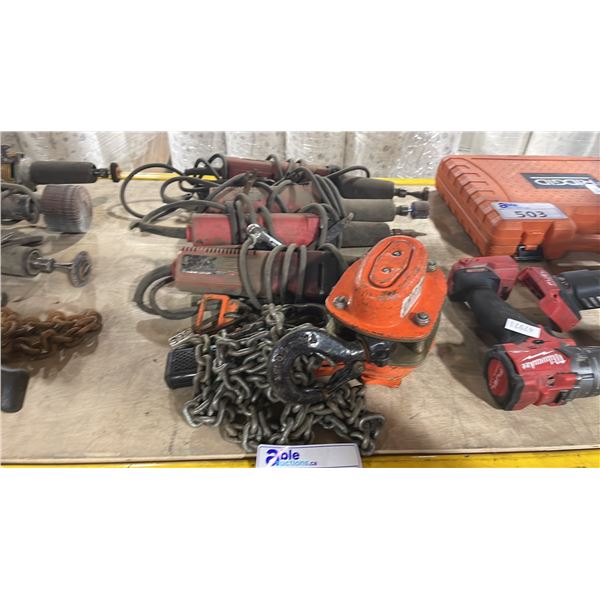 4 MILWAUKEE HEAVY DUTY ELECTRIC INDUSTRIAL SCROLL TOOLS & ORANGE INDUSTRIAL CHAIN PULLER