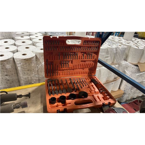 PLASTEC CASE OF ASSORTED RIDGID WOOD BITS, HOLE SAWS, & DRILL BITS *SET NOT COMPLETE*