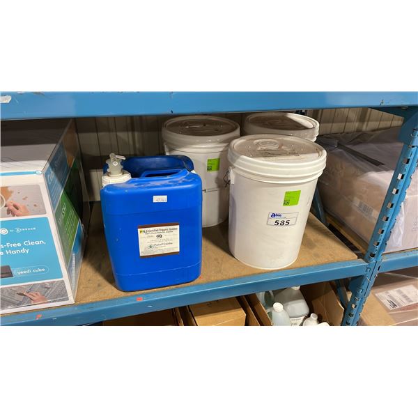 4 LARGE PLASTIC PAILS & BLUE PLASTIC DISPENSER JUG OF ORGANIC GOLDEN JOJOBA OIL