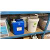 Image 1 : 4 LARGE PLASTIC PAILS & BLUE PLASTIC DISPENSER JUG OF ORGANIC GOLDEN JOJOBA OIL