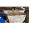 Image 4 : 4 LARGE PLASTIC PAILS & BLUE PLASTIC DISPENSER JUG OF ORGANIC GOLDEN JOJOBA OIL