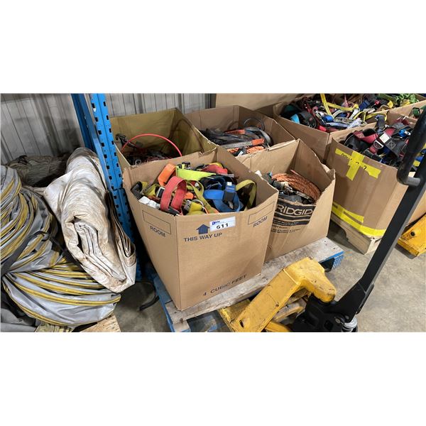 PALLET OF ASSORTED INDUSTRIAL ROPES, HARNESSES, SLINGS & FALL PROTECTION EQUIPMENT