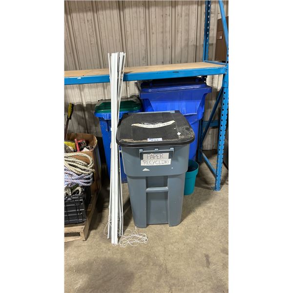 3 LARGE PLASTIC WASTE RECEPTACLES, 2 BLINDS, & PLASTIC PLANT POT WITH ROCKS