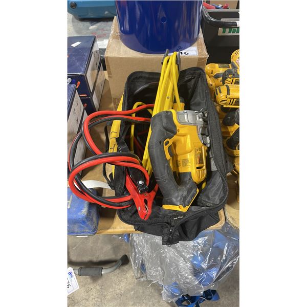 DEWALT TOOL BAG WITH CORDLESS GRINDER, RECIPROCATING SAW, JIG SAW, JUMPER CABLES, POWERBAR, BLADES