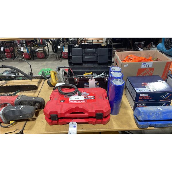 TOOL BOX OF ASSORTED TOOLS, ELECTRIC DEWALT CIRCULAR SAW, 12 ROLLS OF BLUE U-LINE TAPE & CRAFTSMAN