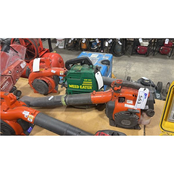 2- HUSQVARNA 125B / 125BV GAS POWERED LEAF BLOWERS & WEED EATER GBI 30V LEAF BLOWER