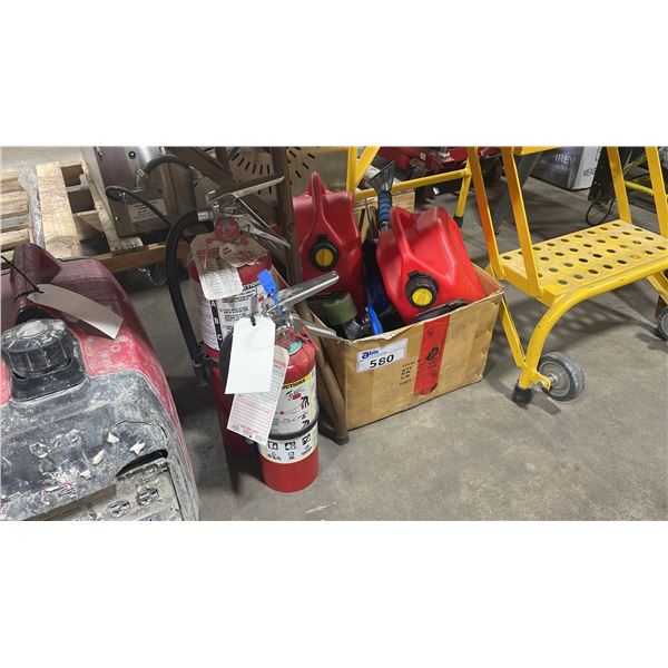 2 FIRE EXTINGUISHERS & BOX OF ASSORTED ITEMS- SKATEBOARD, JERRY CANS, IRWIN QUICK-GRIP, EXTENSION