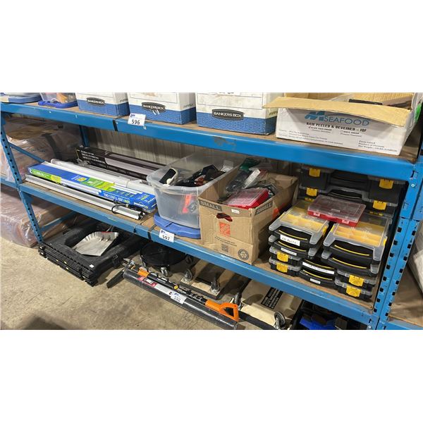SHELF OF ASSORTED HARDWARE, OFFICE SUPPLIES & LIGHTING
