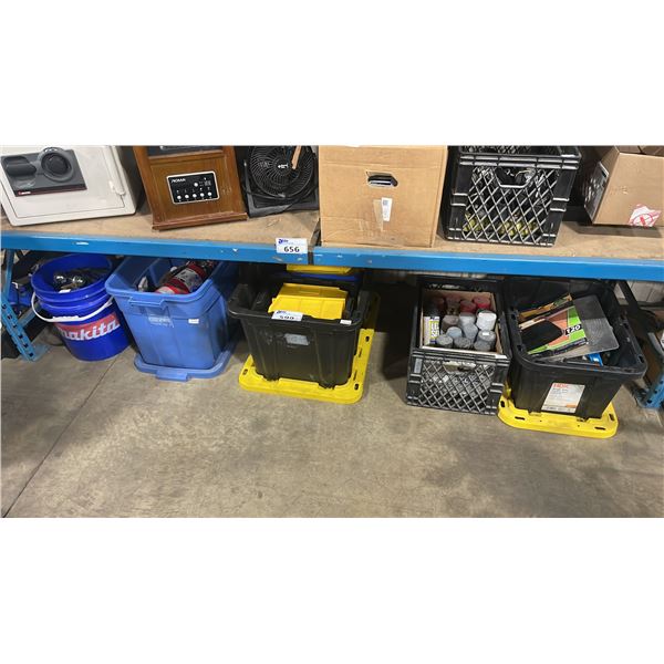 SHELF OF ASSORTED PLASTIC ORGANIZERS, TRAILER HITCH, FIRE EXTINGUISHERS, SCRAPERS, BRUSHES, SPRAY