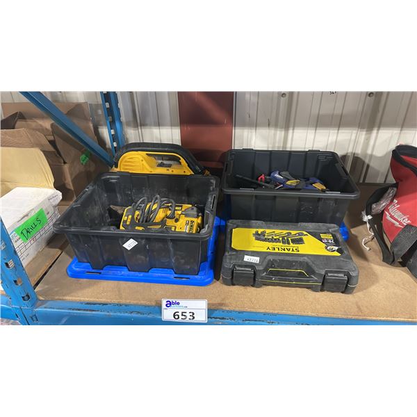 DEWALT CORDLESS MINI VAC, CORDLESS IMPACT DRILL, ELECTRIC DEWALT HEAT GUN, BIN OF ASSORTED CLAMPS