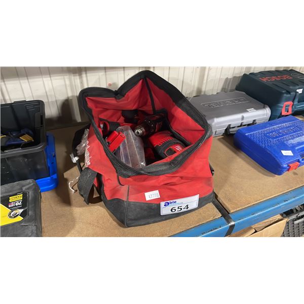MILWAUKEE TOOL BAG WITH ASSORTED MILWAUKEE CORDLESS TOOLS- DRILL, RECIPROCATING SAW, WORK LIGHT,