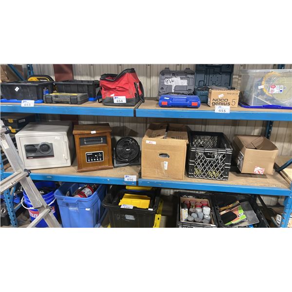 NOMA 5000 BTU WINDOW AIR CONDITIONER, NOMA HEATER, SENTRY SAFE, ASSORTED RATCHET STRAPS, DESK FAN,