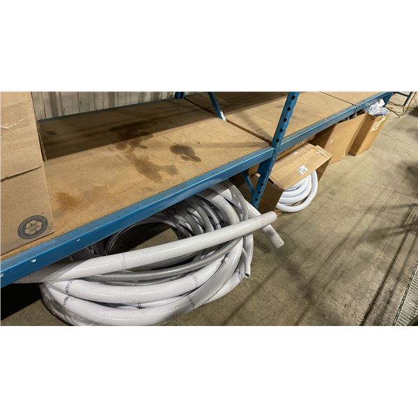 ASSORTED POOL ACCESSORY HOSE, PLUMBING HOSE/TUBING, BOX OF POOL/SPA PARTS INCLUDING GASKETS,